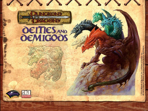 An illustration of Tiamat from the 3e book Deities and Demigods, showing a five-headed dragon with different colored heads, next to hr symbol which is just her heads