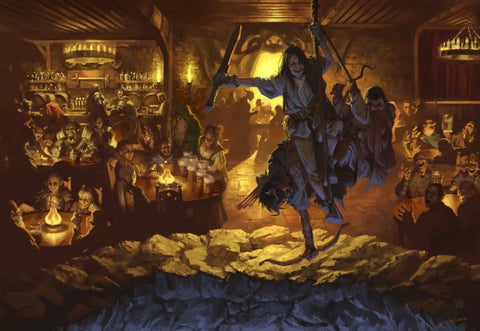 An illustration of children playing in the Yawning Portal Inn. They seem to be wrestling on the edge of the portal, with a variety of customers eating and drinking food at tables behind them