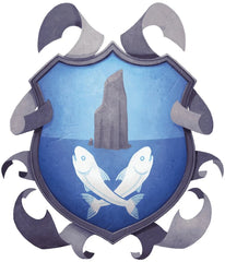 An illustration of Dugan's Hole's heraldry, two crossed white fish against a background of water and sky with a rock emerging from the water. Filigree surrounds the shield