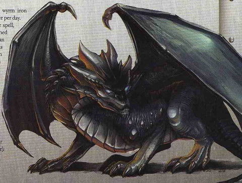 An illustration of an Iron Dragon from D&D. It is a small, dark dragon that looks to be the color of iron. 