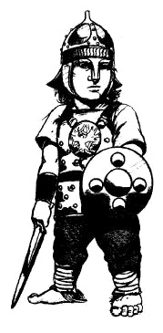 An illustration of Arvoreen, a young halfling wearing a helmet and wielding a small sword and shield