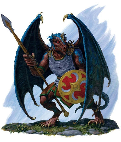 An illustration of an urd, a kobold with wings. He is wearing a chain shirt and a holding  spear and shield. His wings are black