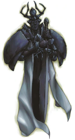 An illustration of a drow judicator. He appears to be a dark grey skinned elf wearing white robes with heavy black shoulder armor and a helmet which resembles spider legs