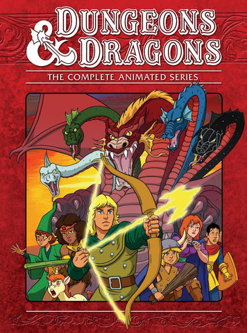 An image of the cover for the DND Animated Series dnd. It shows a small party of fantasy adventurers in front of a 5 headed dragon, each head of which is a different color, all in front of a red background. The name of the series floats above them in white lettering.