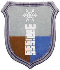 An illustration of Easthaven's heraldry, a white tower and snowflake atop of shield with grey, brown, and blue sections