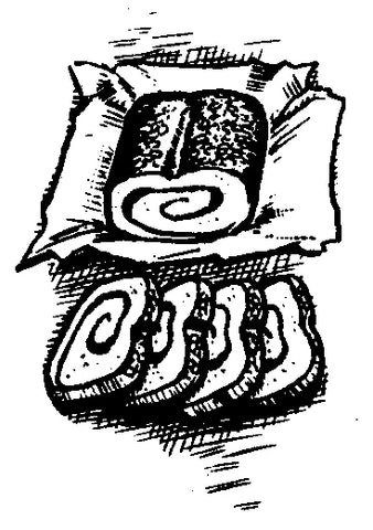 An illustration of elven bread, which has a distrinct swirl pattern on it, and several slices in front of it