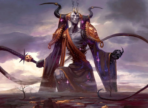 An illustration of Erebos, the Theros god of the dead, who is the Magic the Gathering version of Hades. He appears to be a grey skinned, thin man in robes with massive horns, holding a whip.