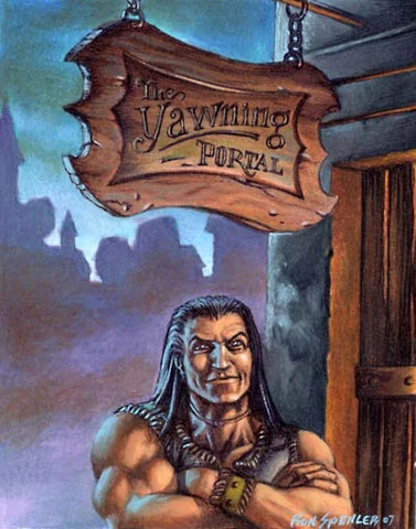 An illustration of an adventurer leaning against the outside of a tavern and smiling. Above him is a sign that reads "the Yawning Portal"