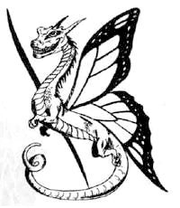 A black and white illustration of a faerie dragon, a small dragon with butterfly wings