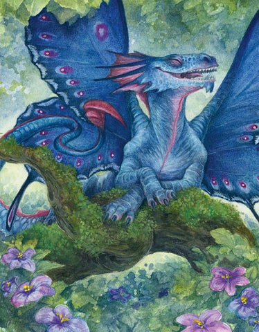 A colorful illustration of a faerie dragon, a small blue and purple dragon with butterfly wings, sitting on a mossy stone in a forest, surrounded by flowers
