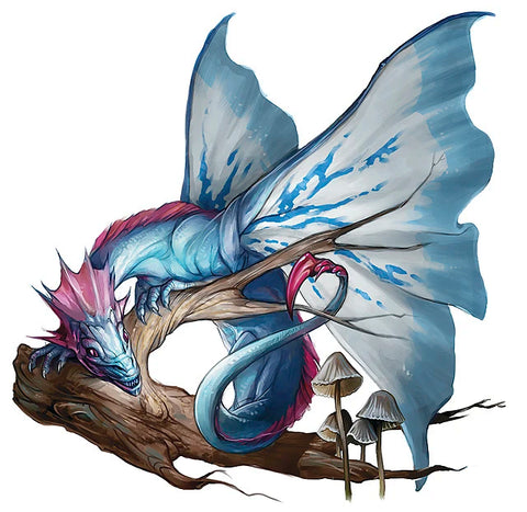 An illustration of a faerie dragon, a small dragon with blue and purple skin and butterfly wings, curled around a branch