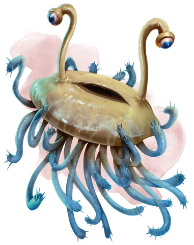 An illustration of a flumph from 5e dnd. It appears to be a strange, jellyfish-like creature with tentacles and eyestalks