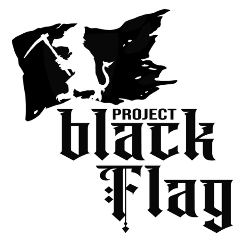 An illustration and logo announcing Proect Black Flag. It looks like the silhouette of a kobold holding a pickaxe on a black banner, with the words "Project Black Flag" in stylized font beneath it