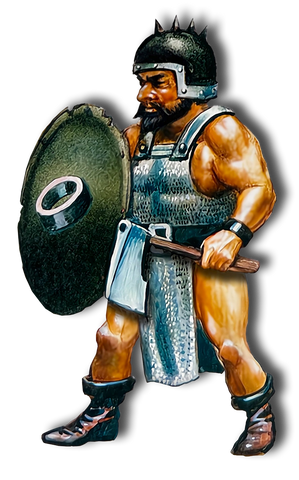 An illustration of a priest of Gaerdal Ironhand. He appears to be a muscled gnome in a white tabard and breastplate, holding a large black shield with a skull and an axe