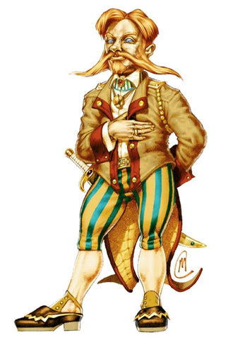 An illustration of Garl Glittergold. He is a small blond man in striped pants and a gold coat with a moustache