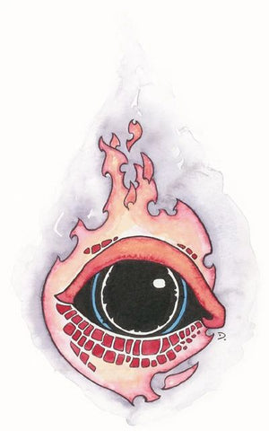 An illustration of Garyx's symbol, a draconic eyes with small scales underneath it, with red flames emerging from and around it.