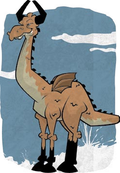 A cartoon-ish illustration of a giraffe with scales and tiny wings. 
