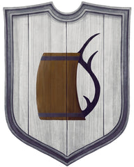 An illustration of Good Mead's heraldry, a brown tankard with an elk antler handle on top of a grey shield