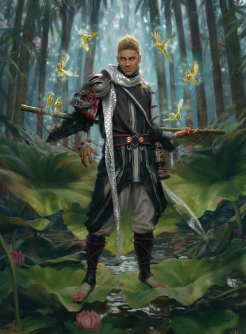 An illustration of Bahamut in a humanoid form, a man in simple armor with dark skin in a forest, surrounded by 7 yellow canaries