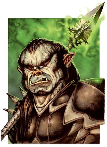 An illustration of Gruumsh, a pale orc with one eye, holding a spear and wearing leather armor, against a bright green background