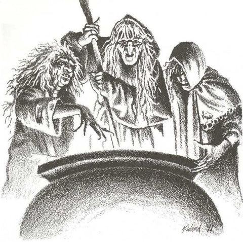 A black and white illustration of a coven of hags gathered around a cauldron
