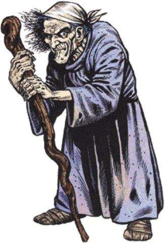 An illustration of a Hag, a wizened old woman in a blue robe and holding a large walking stick