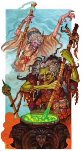 An illustration of hags from dnd 4e, 2 wizened old woman in colorful robes waving their arms and stirring a bubbling cauldron filled with green liquid