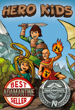 An image of a cover of the "Hero Kids" rpg. It features three cartoon children in fantasy clothing and armor, apparently coming toward the viewer. Below the children are two badges indicating that the game is a best seller and has won an ENNIE award.