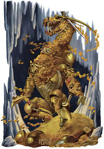 An illustration of a hoarder dragon, a dragon that seems to be made out of a pile of treasure