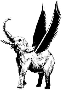 A black and white illustration of an elephant with fur, wings, and tusks, trumpeting