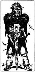 A black and white illustration of Ilneval, an orc wearing relatively heavy armor and holding a bow and arrow at the ready