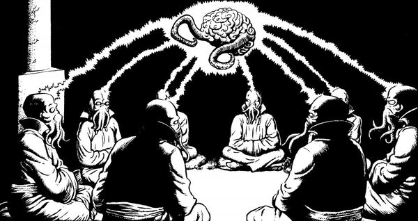 An illustration of several mind flayers communing with Ilsensine, a floating brain with two tentaces.