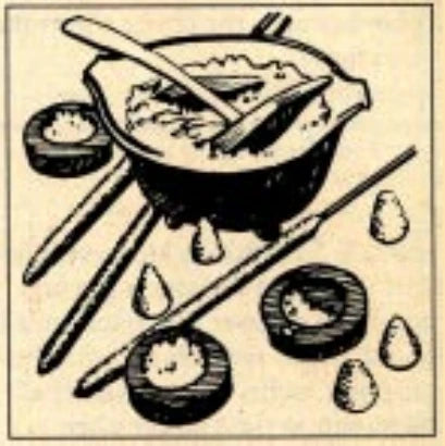 A black and white illustration of a bowl and several sticks of incense, against a yellowed background