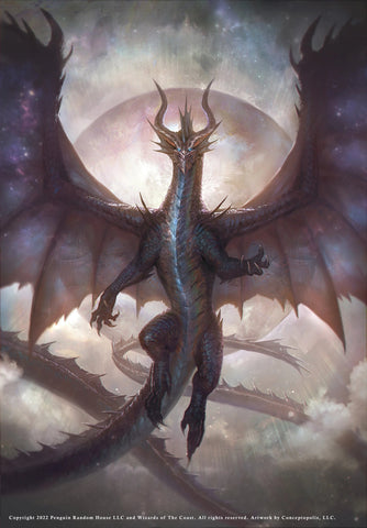 An illustration of Asgorath, a huge dragon of uncertain, shadowed color, in front of a misty sky and a colorful circle