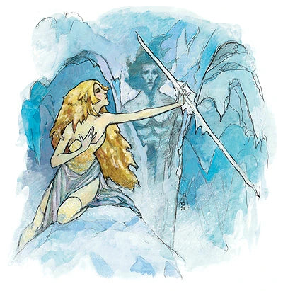 An illustration of Iclacya, queen of the ice glacier. She appears to be a woman with yellow skin and hair stnading in front of a man made of ice, posing with a spear