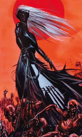 An illustration of Kiaransalee, a thin, black skinned elf with white hair and long nails wearing a dark dress in front of a red background