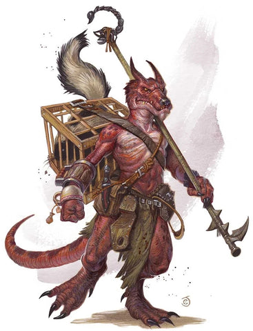 An illustration of a kobold inventor. He is a small reptilian creature with red scales, wearing a leather belt with a cage and several items on his back. He holds a staff of some kind