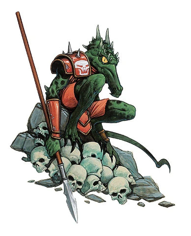 An illustration of Kurturlmak, a small lizardlike creature with green scales, wearing orange armor with a skull on the shoulder, and holding a spear