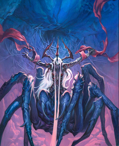 An illustration of Lolth, a grey skinned woman with the lower body of a spider and the supper body of a woman in jeweled armor, holding her hands up and casting a spell with reddish magic