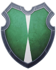 An illustration of Lonelywood's heraldry, two white trangles pointing toward each other from the top and bottom of a green shield