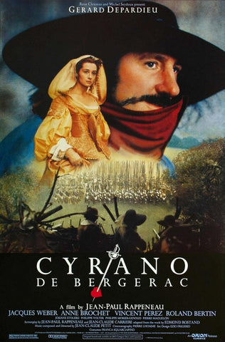 A movie power for Cyrano de Bergerac, showing a woman in a dress in front of the profile of a man in a musketeer hat with a long moustache and a large nose.