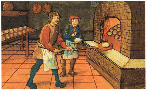 An illustration of a medieval baker and his apprentice in a kitchen, putting some kind of loaf into a large stone oven