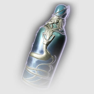 An illustration of a bottle of mermaid brandy. It looks like a small blue bottle with flowing silver lines decorating it