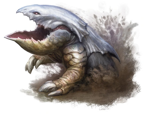An illustration of a bulette, a creature which looks like an armored shark with legs, leaping out of the earth in a spray of dirt