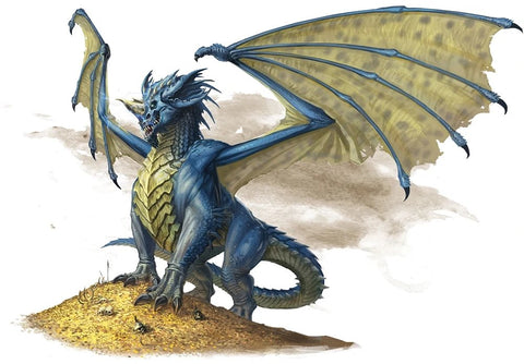 An illustration of a blue dragon standing proudly atop a pile of gold