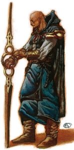 An illustration of Mordenkainen, a blad wizard with a pointed beard, wearing baggy blue pants and a blue gloak, holding a large pointed staff with empty circles in the middle