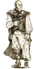 A black and white illustration of Nystul, a bald wizard wearing a loose doublet and pants