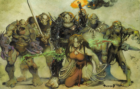 An illustration of all the orcish gods ina  group. Each looks like a orc with greyish-green skin and large muscles against a yellow-green background