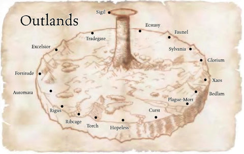 A map of the Outlands, illustrated as though on parchment