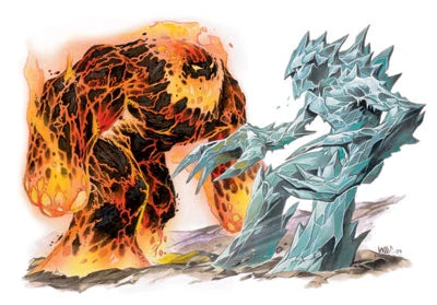 An illustration of 2 paraelementals. One looks like a person made of magma, with cracked black skin and leaking lava. The other looks like a man made of ice, with blue skin covered in spiky icicles. 